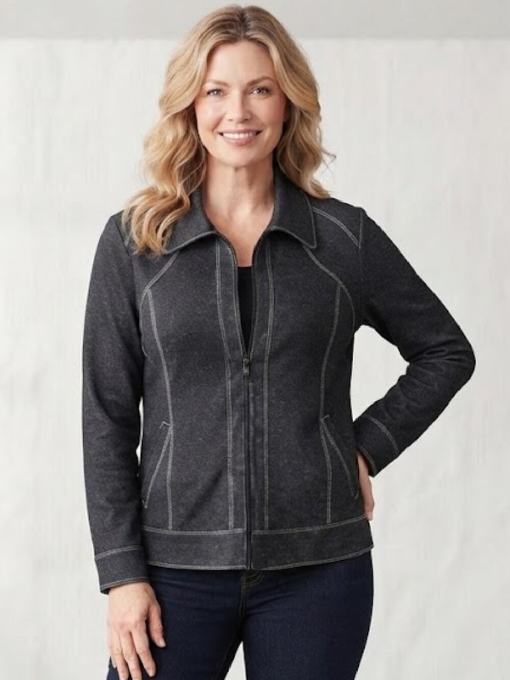 Lafayette 148 Charcoal Grey Denim Zip Jacket Luxury Stitching Medium